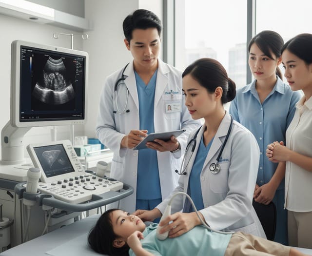 Bác sĩ chuyên khoa gan mật kiểm tra tình trạng gan của trẻ nghi mắc bệnh Wilson. Hình minh họa.