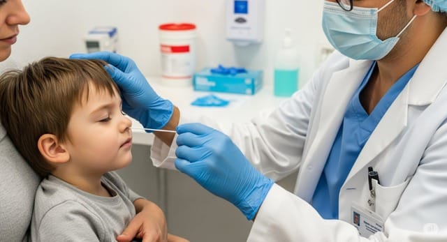 Bác sĩ đang thực hiện xét nghiệm PCR phát hiện RSV cho trẻ nghi mắc bệnh hô hấp. Hình minh họa.