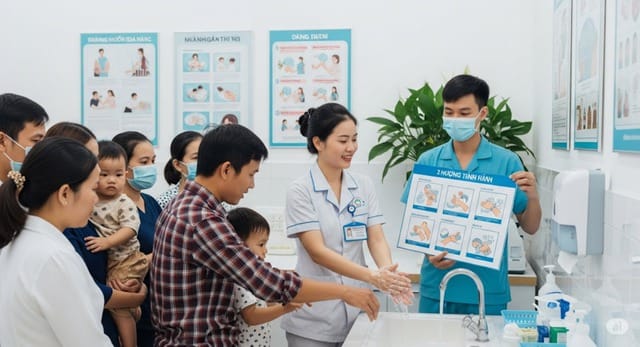 Nhân viên y tế hướng dẫn phụ huynh vệ sinh tay đúng cách để phòng tránh lây nhiễm EV71 cho trẻ nhỏ trong mùa dịch. Hình minh họa.