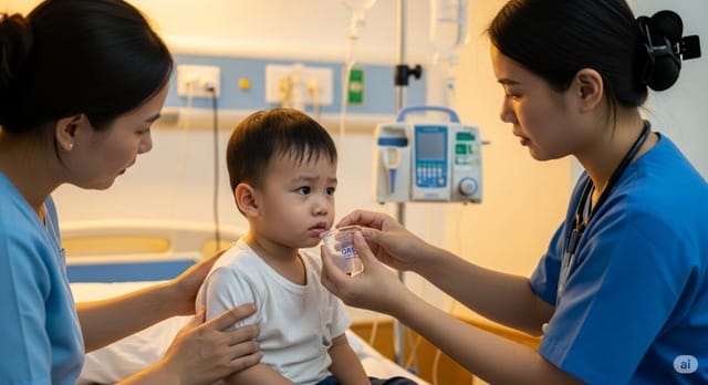 Trẻ em điều trị tiêu chảy cấp do nhiễm khuẩn. Ảnh minh họa