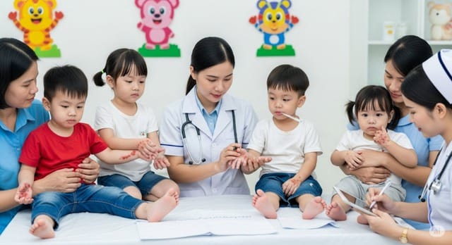 Trẻ em mắc tay – chân – miệng do EV71 đang được theo dõi sát tại khoa Nhi để phòng biến chứng thần kinh và suy hô hấp. Hình minh họa.