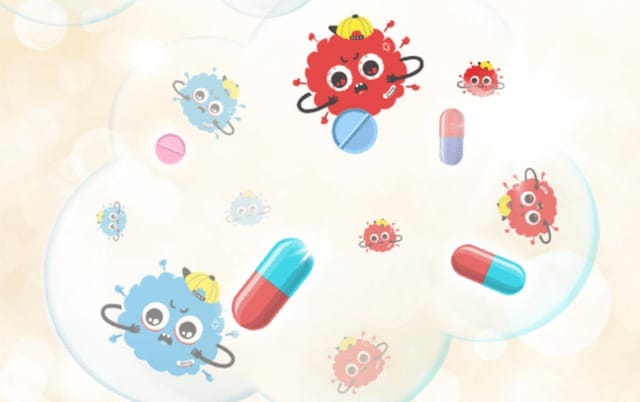 Minh họa sự thay đổi hệ vi khuẩn đường ruột khi trẻ dùng kháng sinh sớm.