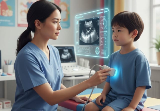 Nhân viên y tế dùng đầu dò siêu âm phổi để đánh giá tổn thương tại chỗ. Hình minh họa.