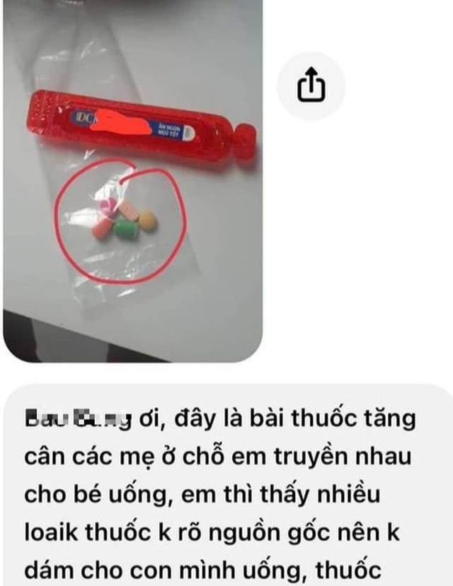 Hình ảnh túi thuốc tăng cân được các mẹ truyền nhau cho con uống (ảnh BS cung cấp)