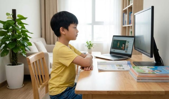 Tư thế ngồi học và khoảng cách màn hình đúng giúp giảm áp lực lên mắt khi trẻ học trực tuyến.