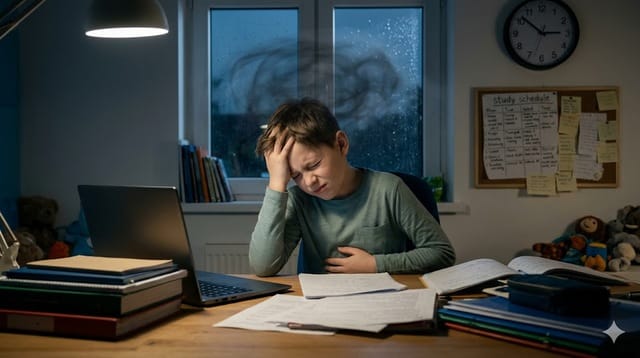 Yếu tố tâm lý như căng thẳng, áp lực học tập có thể gây đau bụng chức năng ở trẻ - Hình minh họa