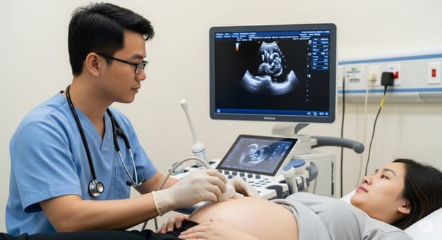Bác sĩ đang siêu âm tim thai cho mẹ bầu tại tuần 20 – giai đoạn vàng để phát hiện sớm dị tật tim bẩm sinh. Ảnh minh họa.