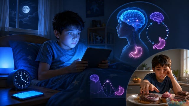 Ánh sáng xanh từ iPad, điện thoại và đèn ngủ quá sáng có thể làm trẻ ngủ muộn, rối loạn hormone đói – no và thèm đồ ngọt hơn vào ngày hôm sau.