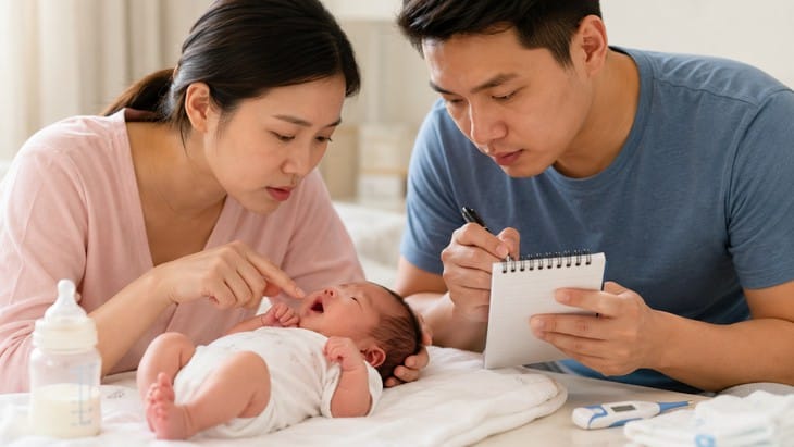 Trong 7 ngày đầu sau sinh, cha mẹ cần theo dõi kỹ tình trạng bú, nôn trớ, hơi thở, màu da và mức độ tỉnh táo của trẻ