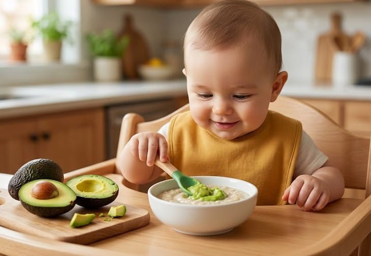 Với trẻ đã sẵn sàng ăn dặm, bơ có thể được dùng với lượng nhỏ, trộn vào thức ăn mềm thay vì đút nguyên một thìa trước giờ ngủ. Ảnh AI